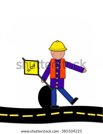 Period, in the alphabet set "Children Highway Construction," is black and outlined with white.  Child stands or sits on highway holding highway construction signs.