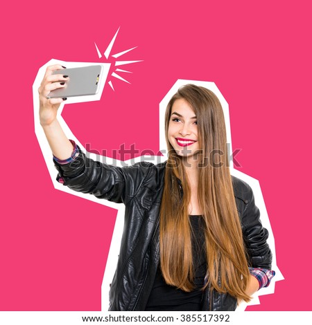 Beautiful teenage girl in black leather jacket, with long blonde hair, smiling, posing, taking a selfie on smartphone. Concept minimalist design cut out photo, square format, retouched, vibrant colors Royalty-Free Stock Photo #385517392