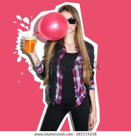 Cool millennial blonde teenage girl in black holding a plastic glass of beer with falling red balloon in front of her. Conceptual minimalist design, retouched, square format.