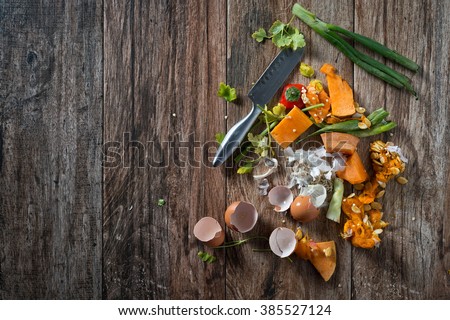Organic leftovers, waste from vegetable ready for recycling and to compost. Collecting food leftovers for composting. Environmentally responsible behavior, ecology concept. Some negative space.
 Royalty-Free Stock Photo #385527124