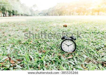 Vintage color tone, Classical black alarm clock on green lawn in the park in day time.