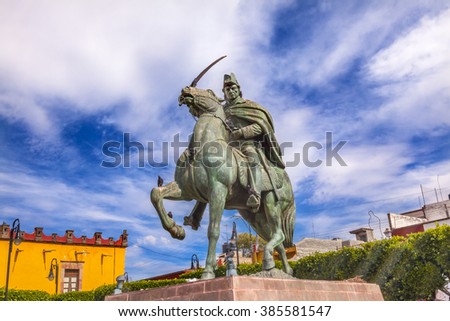 General Ignacio Allende Statue Plaza Civica San Miguel de Allende Mexico. General who first led revolt against Spain in 1810 and considered a hero of the Mexican War of Independence Royalty-Free Stock Photo #385581547