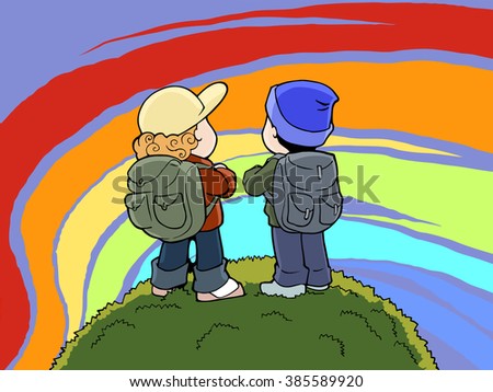 Hand drawn cartoon illustration of two tourists wearing hiker outfit, standing on the hill, looking at the rainbow