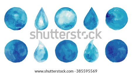Set of watercolor blue splashes, drops, spots. Indigo logo set. Hand drawn painting blobs. Texture emblem, sign label. Eco water, natural product, organic.
