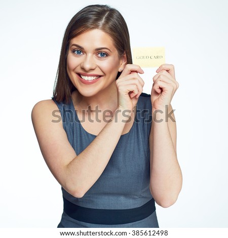 Smiling business woman hold gold credit card. isolated business woman portrait.