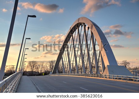 Main Street Bridge in Columbus, Ohio at dusk with vibrant sky