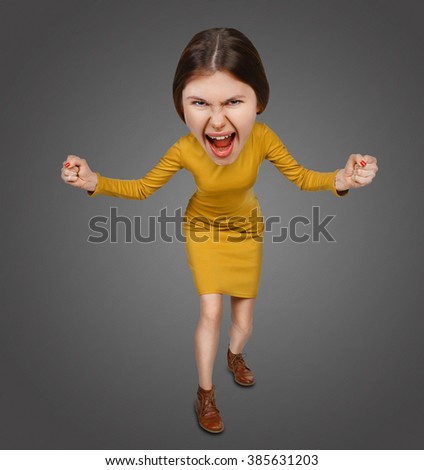Top view of the furiously screaming, angry cartoon woman with big head. Isolated on gray background.