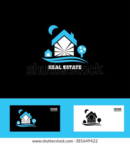 Vector company logo icon element template real estate house roof dog tree home property residential blue white black background