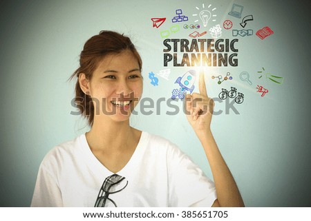 young woman smiling and hand pointing at CONTENT MARKETING concept , business concept , business idea , business marketing , strategy concept