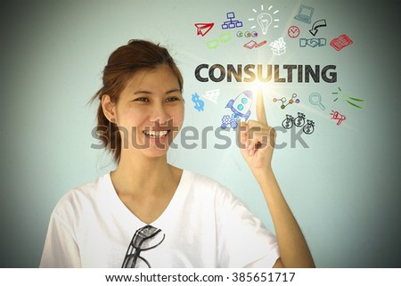 young woman smiling and hand pointing at CONTENT MARKETING concept , business concept , business idea , business marketing , strategy concept