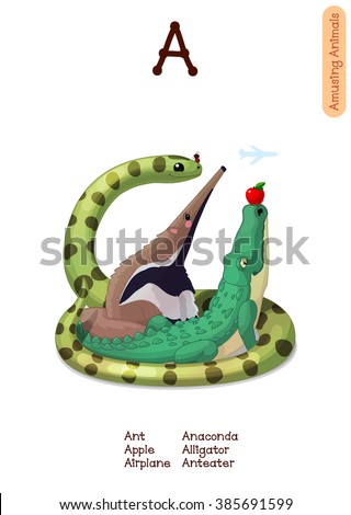 vector English Alphabet series of Amusing Animals. Cartoon illustration letter A. Ant, Anteater, Alligator, Anaconda, Apple. Clip art isolated on white background. EPS 10 without mesh