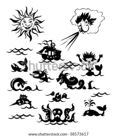 Fantasy sea monsters, Sun, Northwind and sailboat. Vector illustration. Royalty-Free Stock Photo #38573617