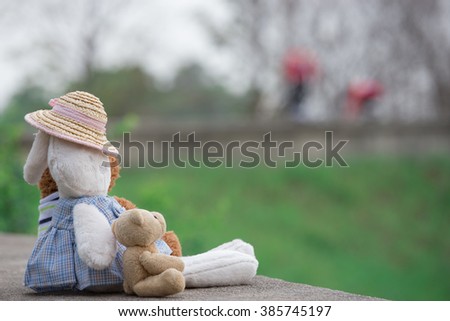 Brown bear doll and rabbit doll sits beside together in nature