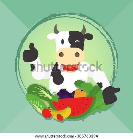 Vegan cow and vegetables. Happy cow presenting vegetables and fruits. Invitation to veganism and vegetarianism.