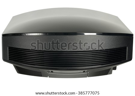 Huge black home cinema projector, isolated on white, rear view.