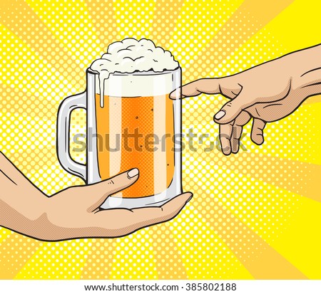 Hand gives a mug of beer to other hand pop art style vector illustration. Comic book style imitation. Classic art painting imitation. Funny image with toilet paper