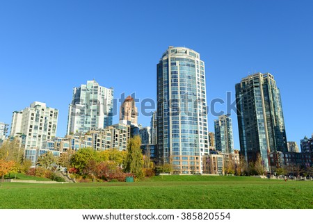 Vancouver City skyline and high rise apartment at the north bank of False Creek, Vancouver, British Columbia, Canada