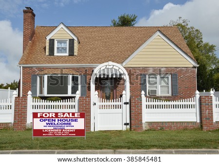Real estate for sale open house (another success let us help you buy sell your next home) welcome sign suburban brick bungalow home residential neighborhood blue sky clouds USA