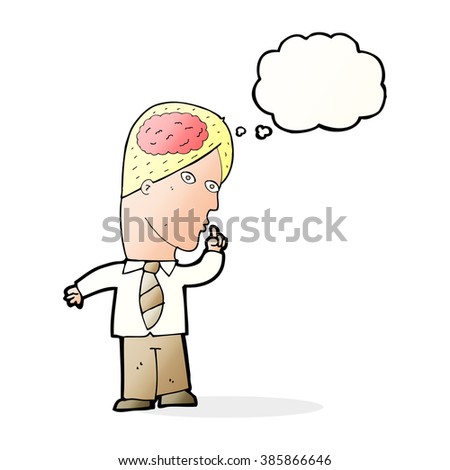 cartoon businessman with huge brain with thought bubble