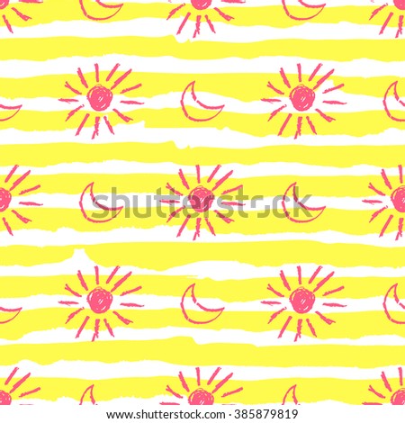 Sun, moon and stripes. Cute seamless pattern. Hand drawn background. Vector, Isolated.