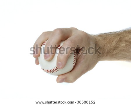 Illustrates how to hold a baseball to throw a palmball.