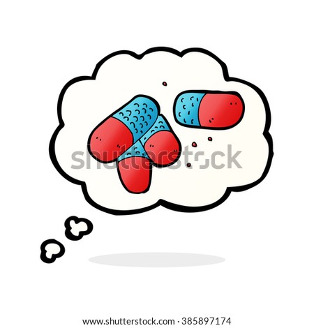 cartoon painkillers with thought bubble