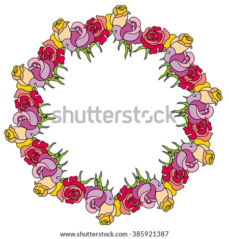 Floral round frame with roses. Roses arranged on a shape of the wreath, for wedding invitations and birthday cards. Raster clip art.