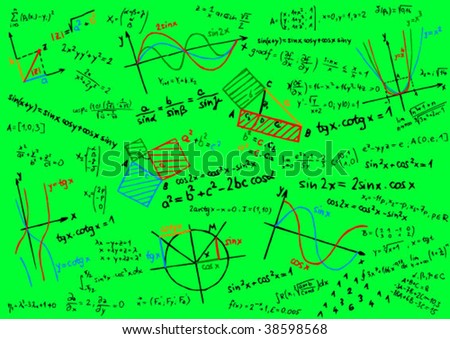 Green blackboard with colored mathematics formula and sketches - vector illustration