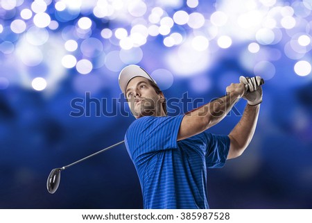 Golf Player in a blue shirt taking a swing, on a blue lights Background.