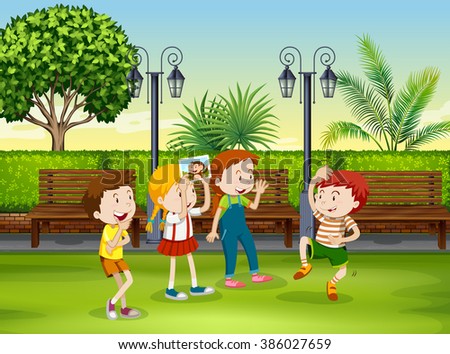 Boy and girl playing monkey in the park illustration