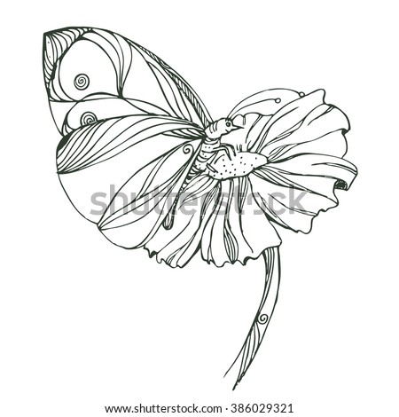 Vintage hand drawn doodle decorative butterfly on a flower. sketch for adult antistress coloring page, tattoo, poster, print, t-shirt, invitation, cards, banners, flyers, calendars