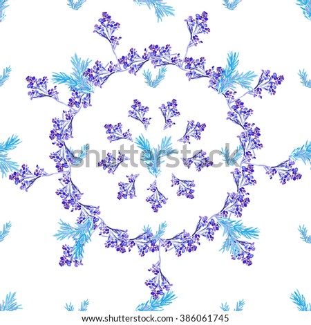 Seamless floral circle pattern. Blue twigs, leaves, foliage and circles on a white background, watercolor, ink.