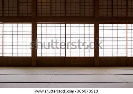 Japanese-style hall with tatami mats and paper sliding doors called Shoji in Japanese