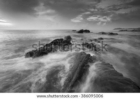 Beautiful scenery in rocky in black and white area taken with Slow Shutter. Soft Focus Motion Blur due to Slow Shutter Speed. Copy Space Area