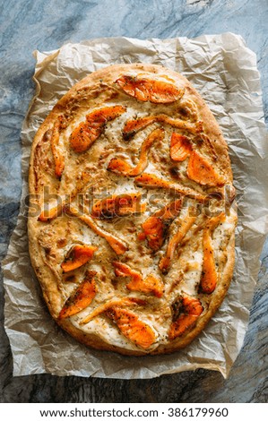 Salmon Pizza (with garlic and cheese) on rustic background
