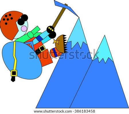 Climber in a helmet and a backpack with boots with studs got to the mountain top and holding on to her ice ax. The concept of a healthy lifestyle, sport and mountain tourism
