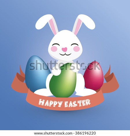 Happy Easter. Easter Bunny / Happy Rabbit holds an egg - Greeting Card and Poster Template with Blue and White Background and Emotional Expression. Vector Element Graphic Illustration Design.
