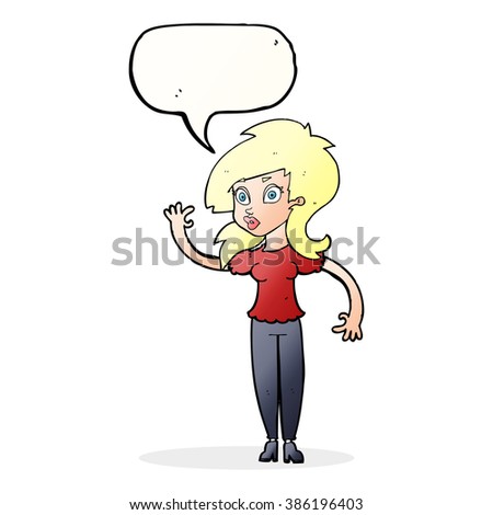 cartoon pretty woman waving with speech bubble