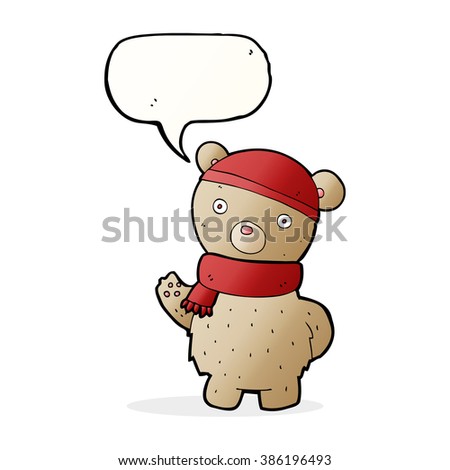 cartoon teddy bear in winter hat and scarf with speech bubble