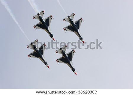 SUBANG, MALAYSIA - OCTOBER 3: The U.S. Air Force F-16 Thunderbirds fly in diamond formation at the Thunderbirds Airshow in Malaysian Air Force Base on October 3, 2009 in Subang, Malaysia. Royalty-Free Stock Photo #38620309