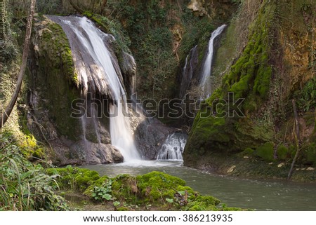 Secret waterfall in the forest with lake. Cascate delle Marmore in Valnerina, Umbria - Italy.