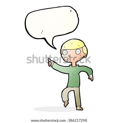 cartoon boy pointing with speech bubble