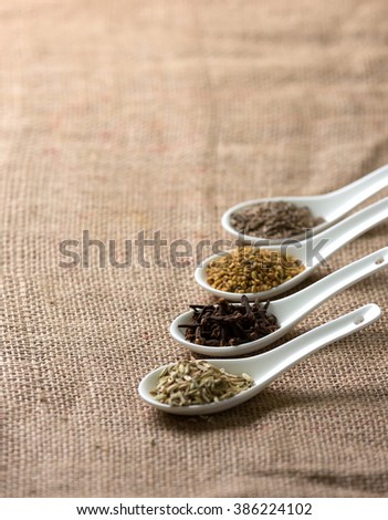 Spice on four white spoon with sackcloth background. Selective focus with shallow depth of field.