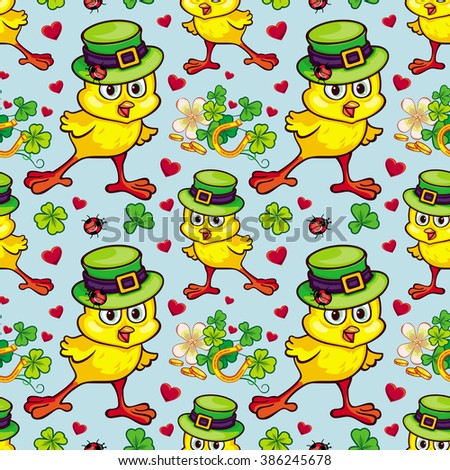 Seamless pattern with funny yellow chick in green hat. Vector clip art.