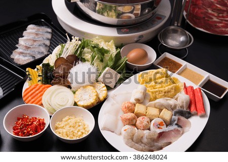The Fresh food for hot shabu on a table.