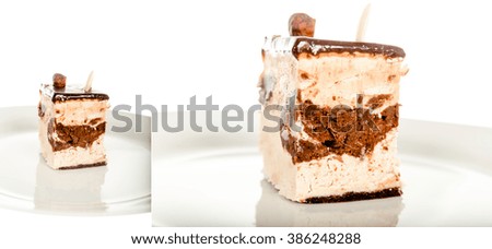 Chocolate Cheesecake Isolated on White Background. Dessert Piece of Cake on White Plate with Chocolate. Cake with Chocolate Cream Topping Isolated. Close-Up Image of Homemade Delicious Chocolate Cake