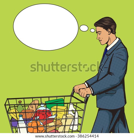 Businessman with shopping cart in market pop art style vector illustration. Human illustration. Comic book style imitation. Vintage retro style. Conceptual illustration