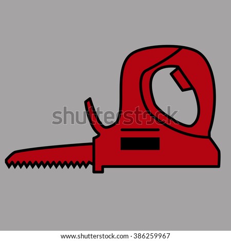 Colorful illustration, icon or emblem with reciprocating saw on gray background. Professional instrument, working tool. 