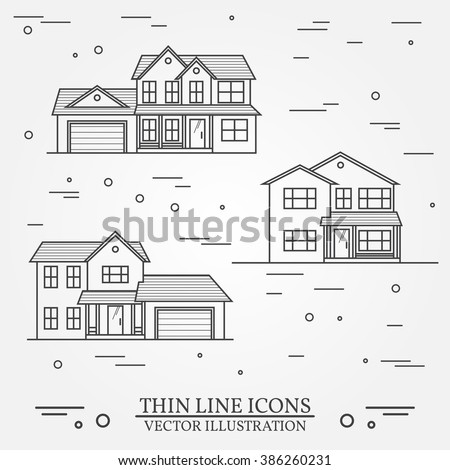 Set of vector thin line icon  suburban american houses. For web design and application interface, also useful for infographics. Vector dark grey. Vector illustration.
