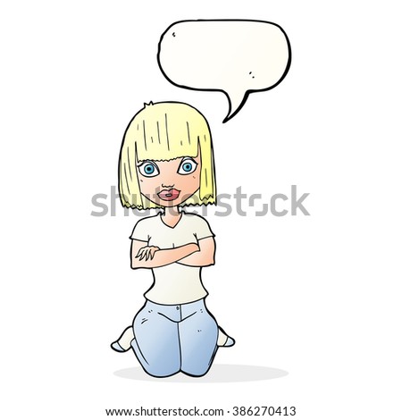 cartoon woman kneeling with speech bubble